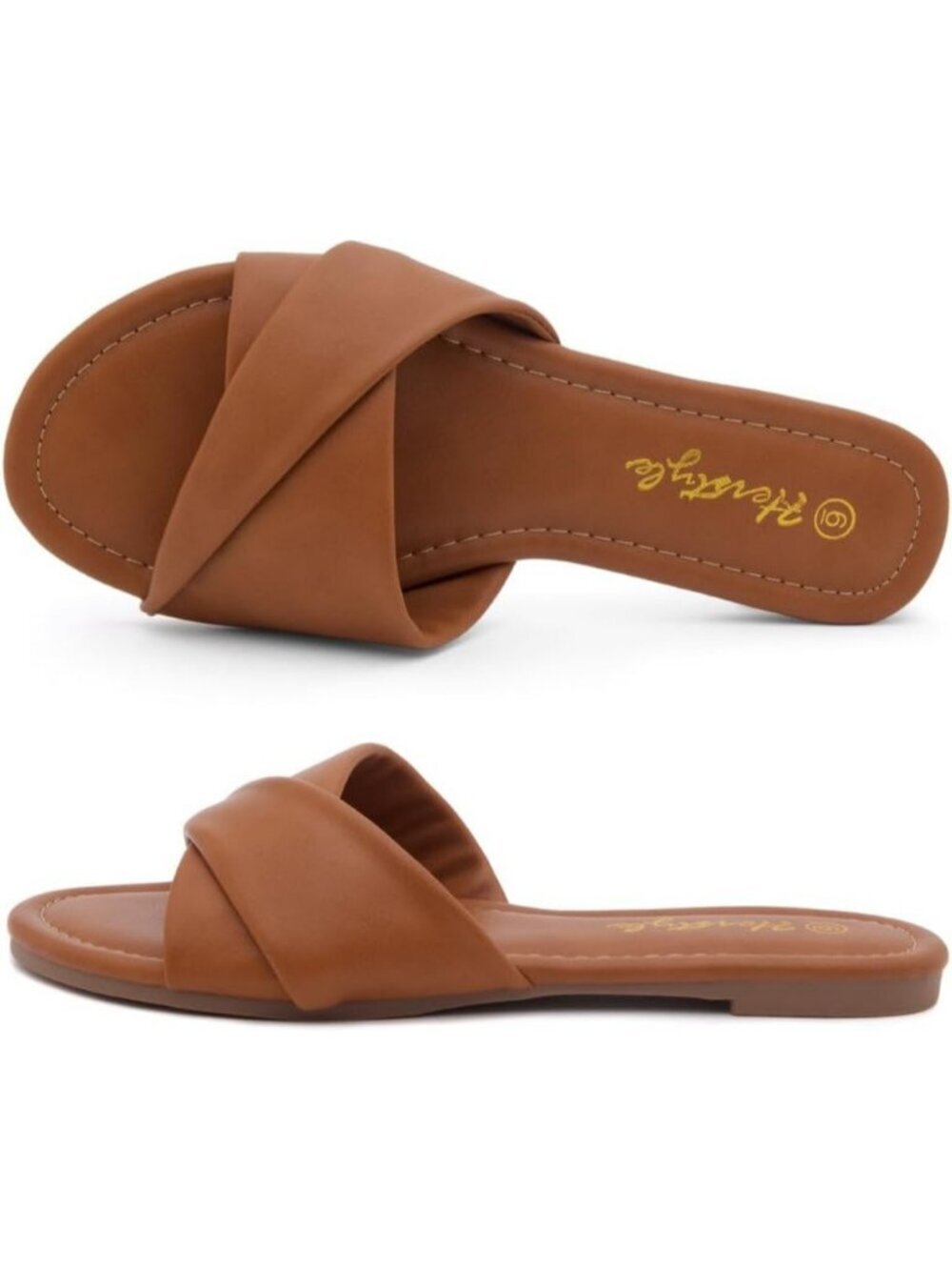Women's Tan Flats Slip On Open Toe Casual Slides Cushioned Footbed Summer Shoes - Picture 4 of 7